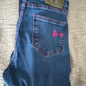 Women's Blue Boot Cut Jeans with Pink Accents